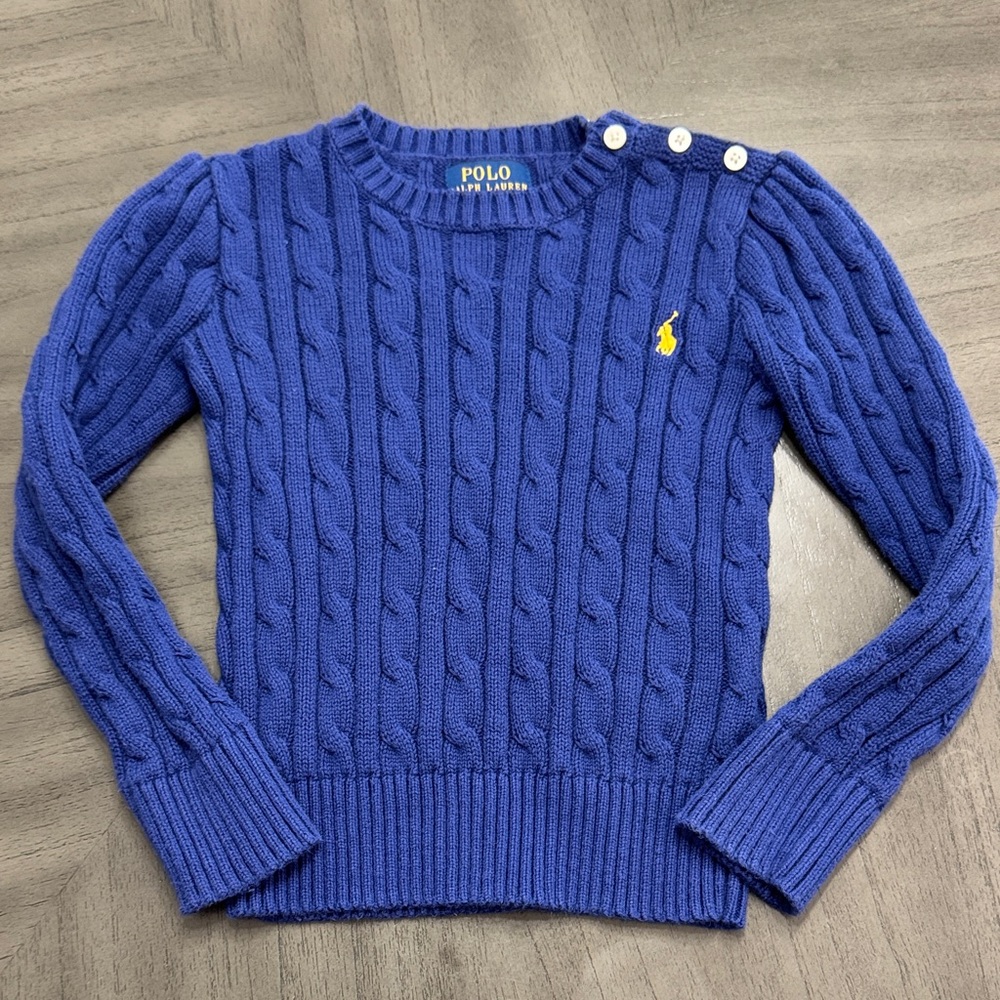 Polo by Ralph Lauren Girls Blue Cable Knit Sweater with Yellow Polo Logo